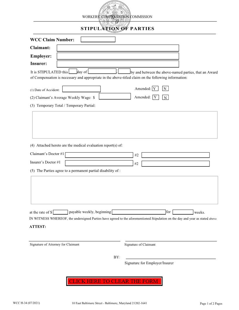 Stipulation Of Parties And Award Of Compensation {H-34} | Pdf Fpdf Docx | Maryland