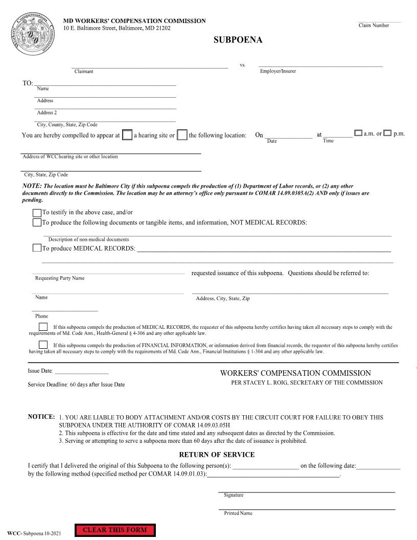 Subpoena Or Subpoena Duces Tecum Or Subpeona Duces Tecum For Medical Record {H-08} | Pdf Fpdf Doc Docx | Maryland