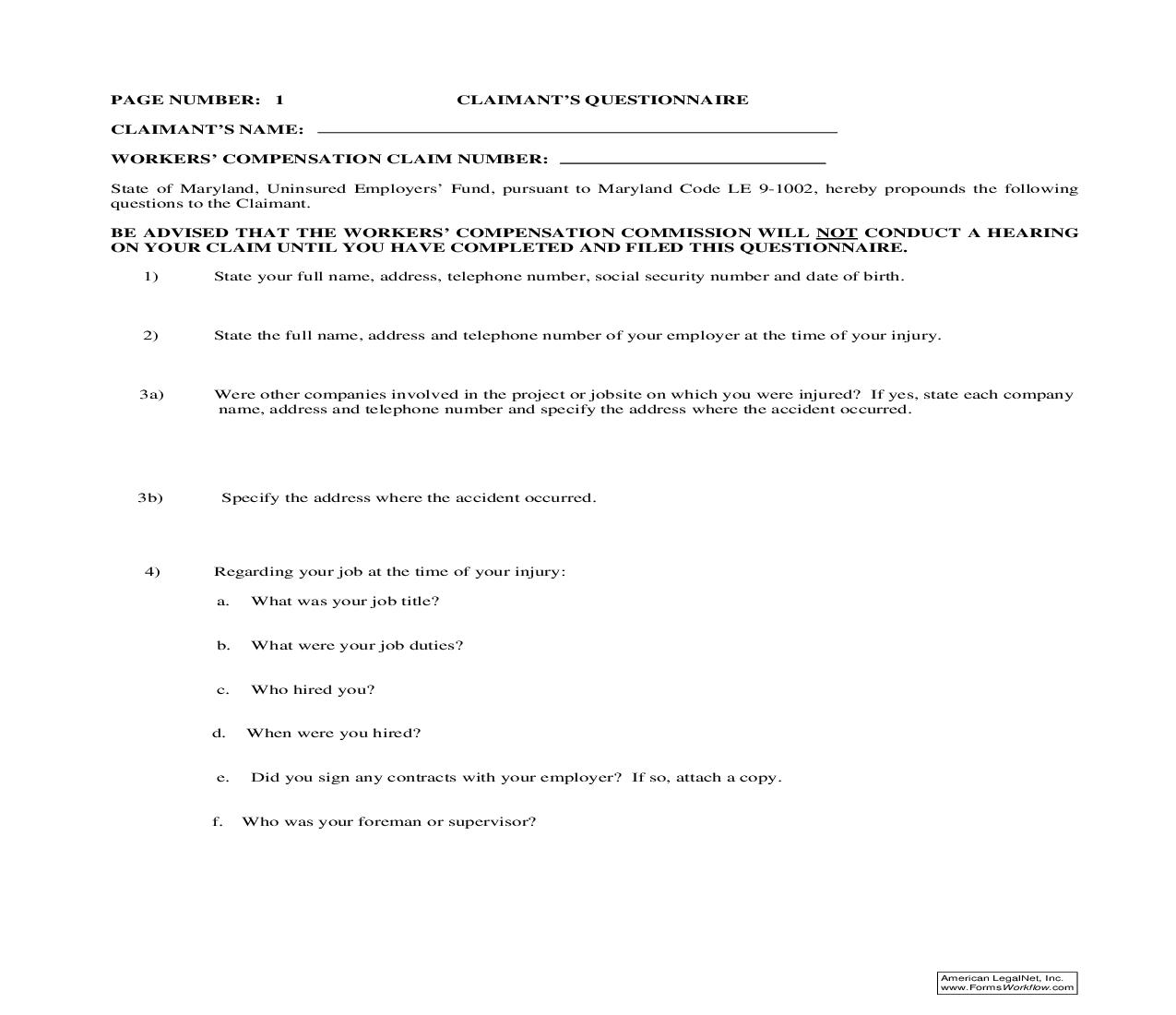 Workers Compensation Claimants Questionnaire (Uninsured Employer) {H-37} | Pdf Fpdf Doc Docx | Maryland