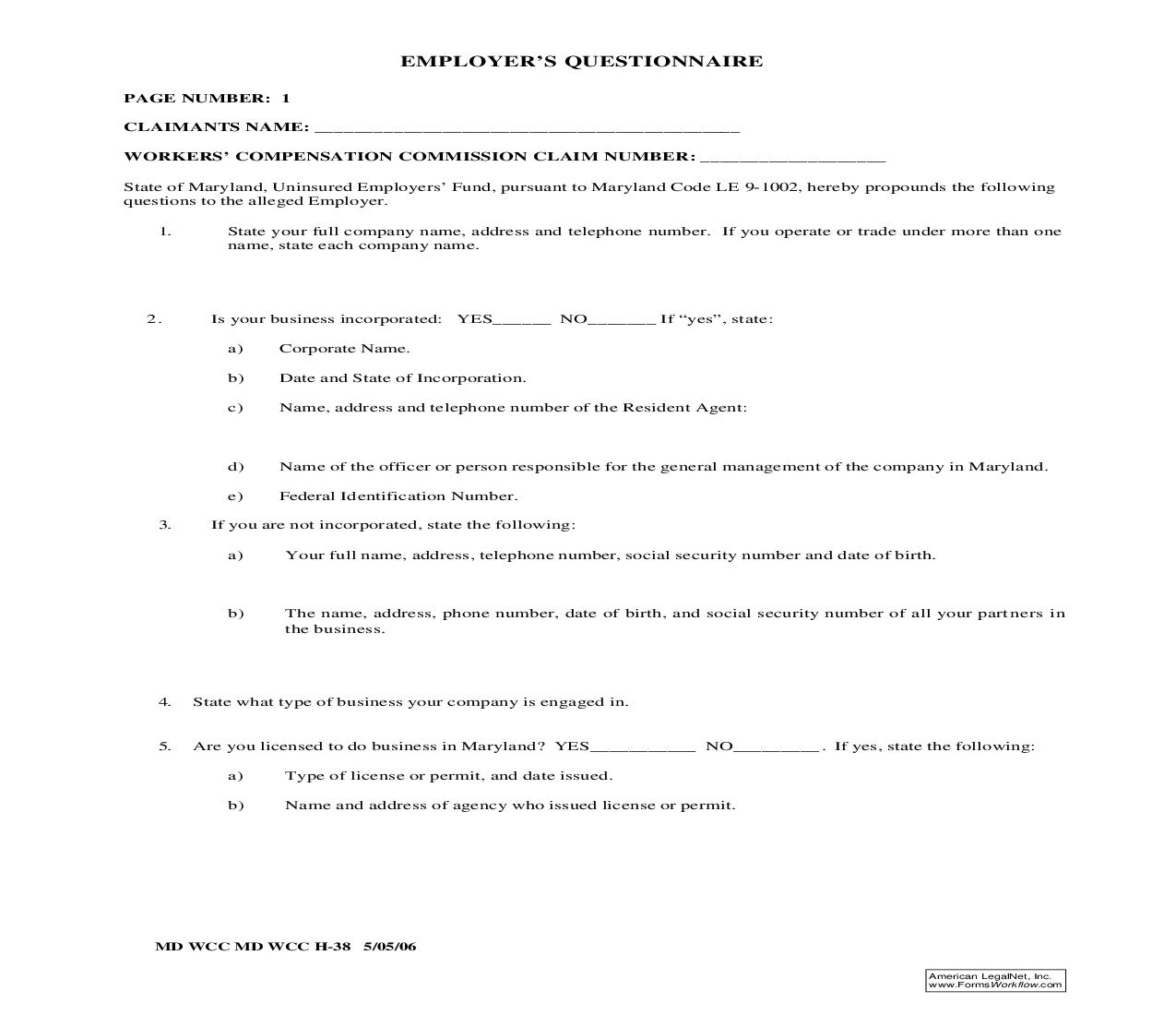 Workers Compensation Employers Questionnaire (Uninsured Employer) {H-38} | Pdf Fpdf Doc Docx | Maryland