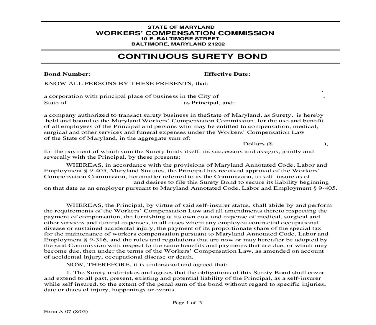 Continuous Surety Bond {A-07} | Pdf Fpdf Doc Docx | Maryland