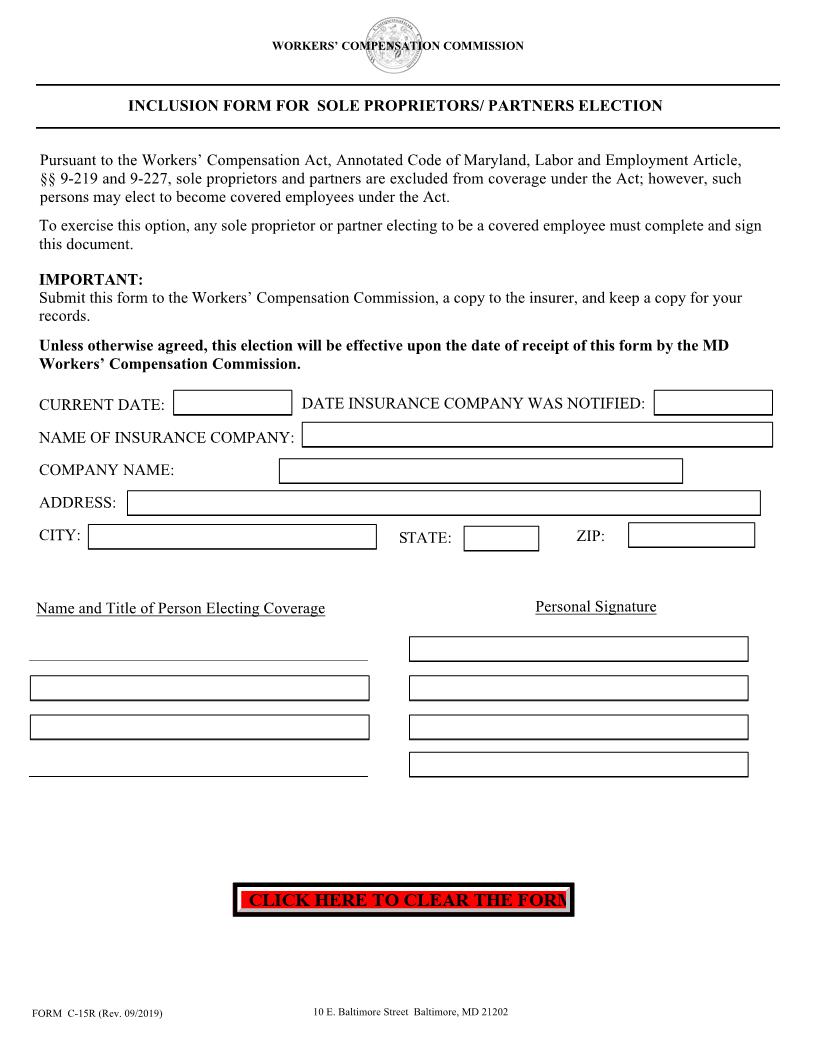 Inclusion Form - Sole Proprietors Or Partners Election Form {C-15R} | Pdf Fpdf Doc Docx | Maryland