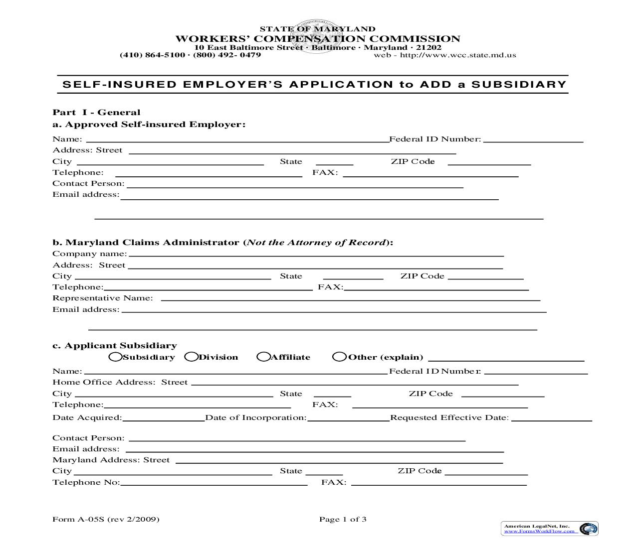 Self-Insured Employers Application To Add A Subsidiary {A-05S} | Pdf Fpdf Doc Docx | Maryland