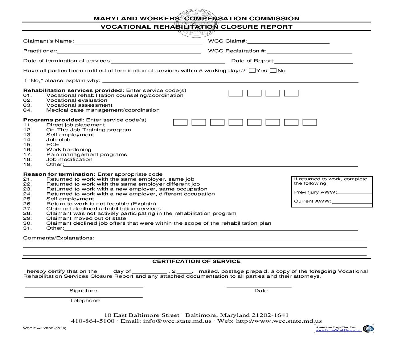 Closure Report {VR-2} |  | Maryland