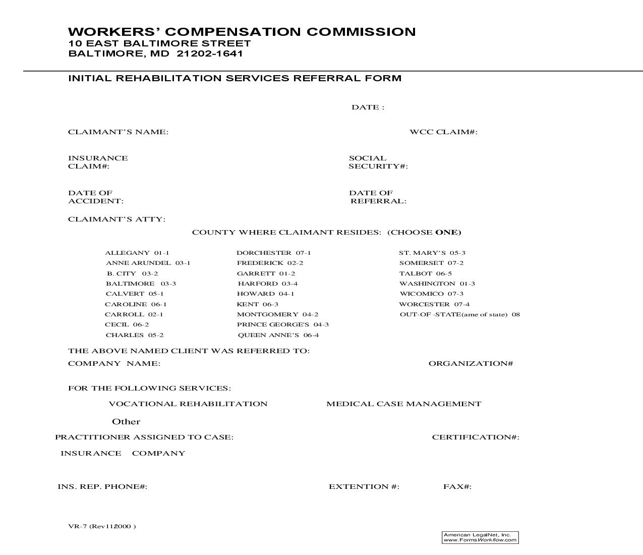 Initial Rehabilitation Services Referral Form {VR-7} |  | Maryland