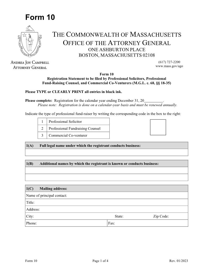 Form 10 Registration Statement To Be Filed By Professional Solicitors {10} | Pdf Fpdf Doc Docx | Massachusetts