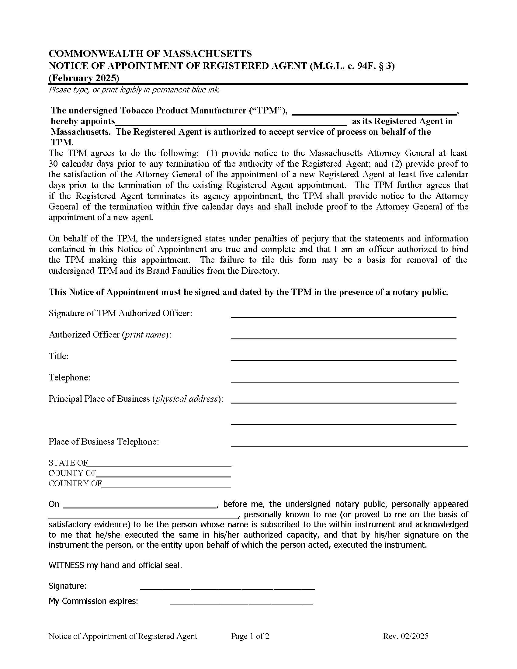 Notice Of Appointment Of Registered Agent | Pdf Fpdf Docx | Massachusetts