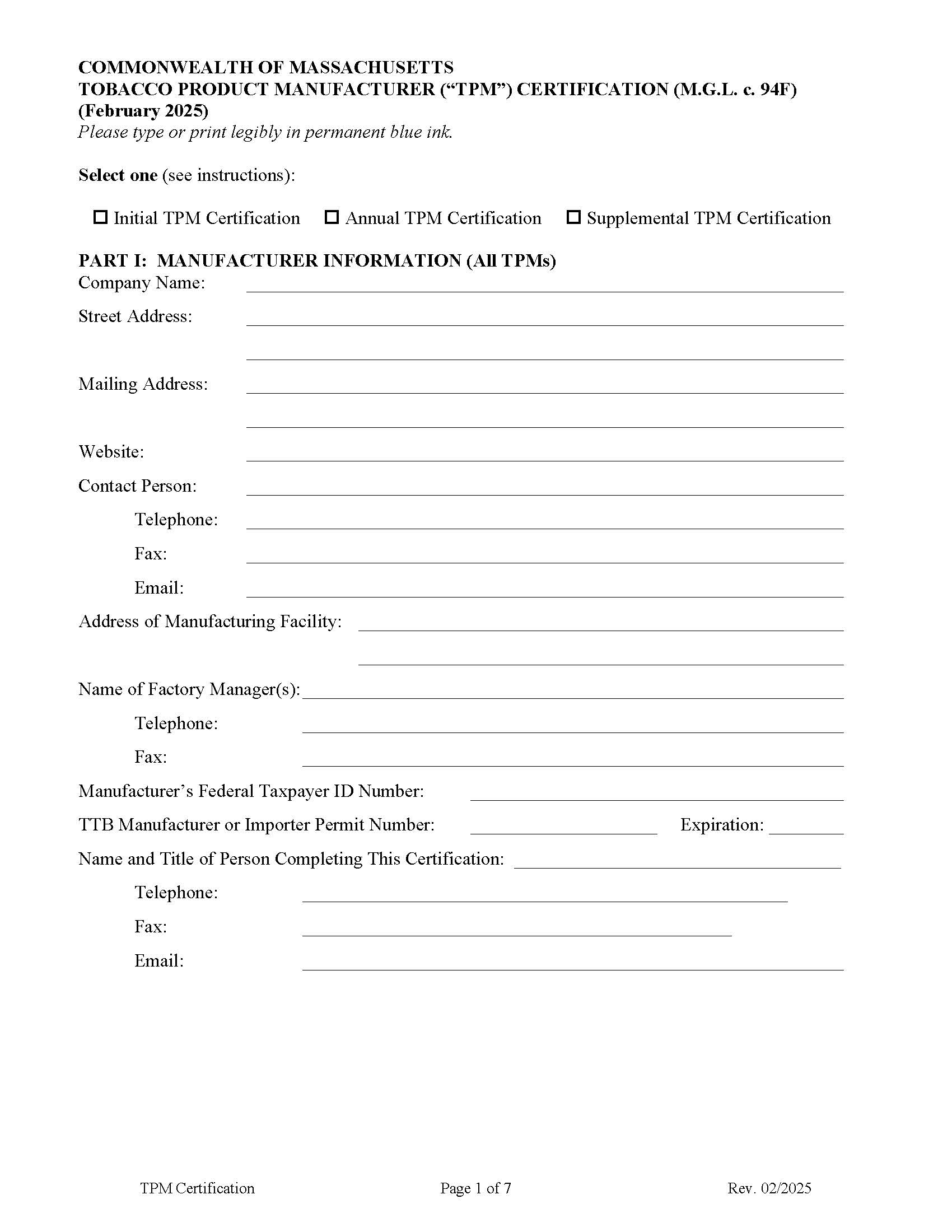 Tobacco Product Manufacturer (TPM) Certification | Pdf Fpdf Docx | Massachusetts
