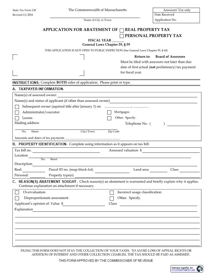 Application For Abatement Of Real Property Tax Or Personal Property Tax {128} | Pdf Fpdf Docx | Massachusetts