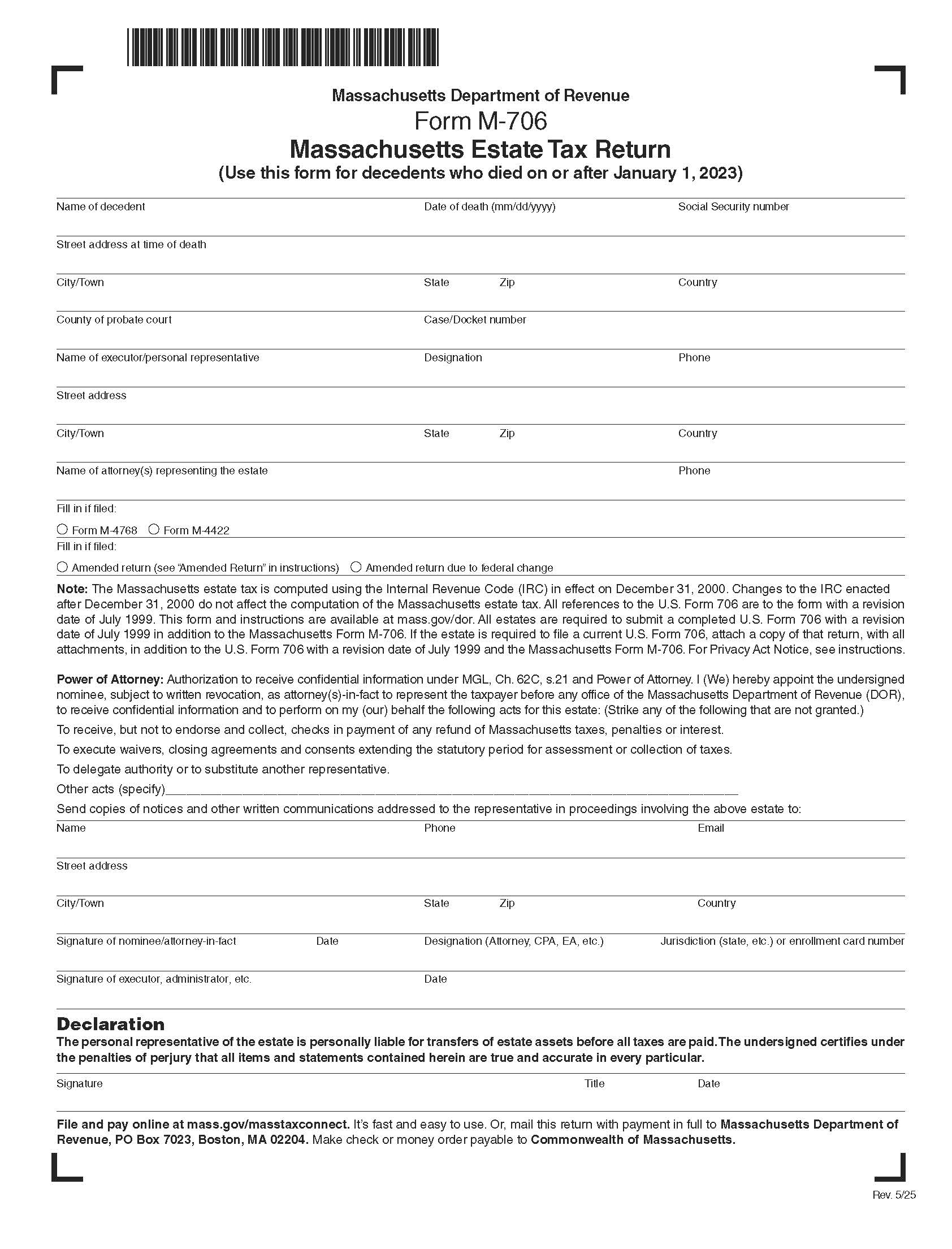 Massachusetts Estate Tax Return {M-706} | Pdf Fpdf Docx | Massachusetts