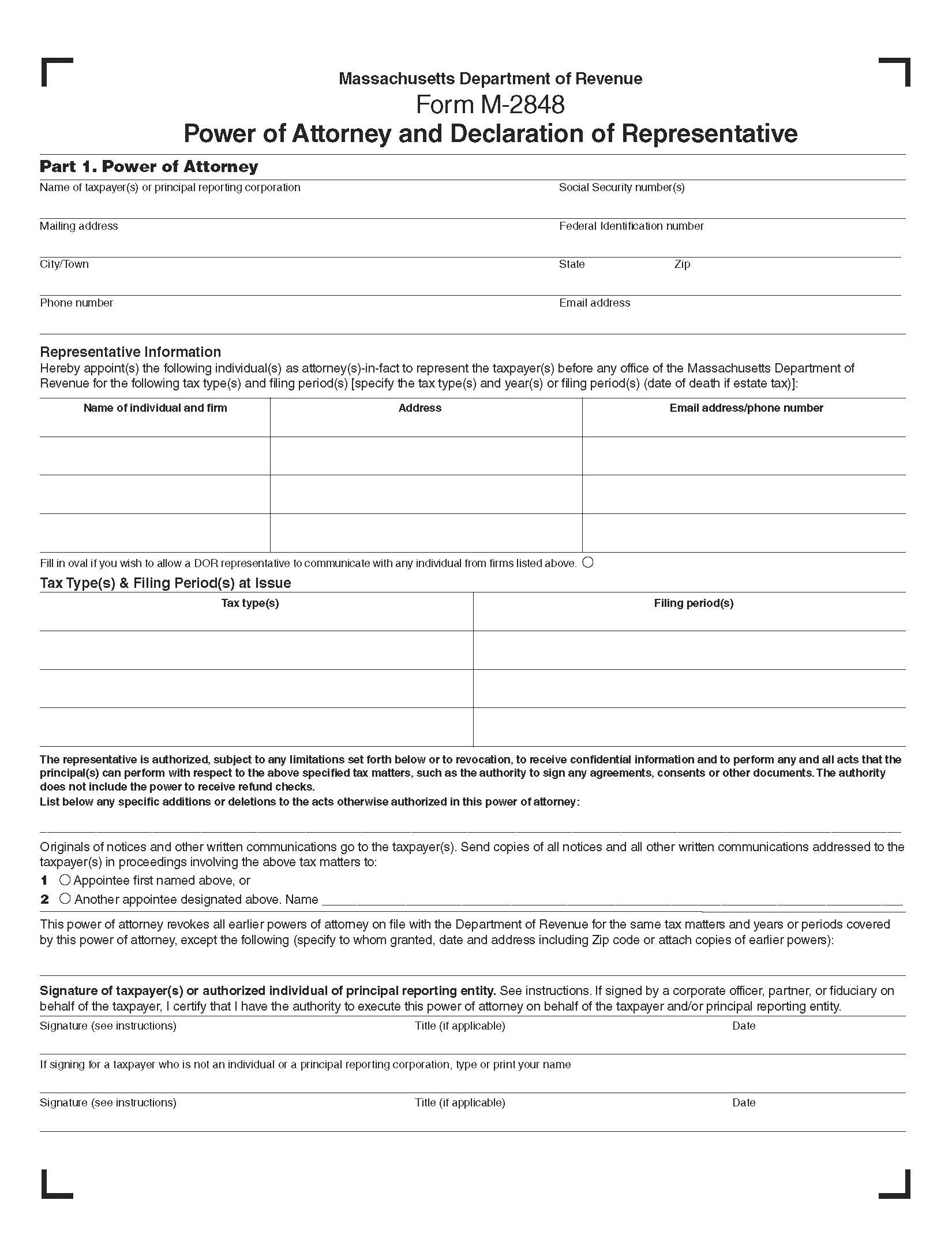 Power Of Attorney And Declaration Of Representative  {M-2848} | Pdf Fpdf Docx | Massachusetts