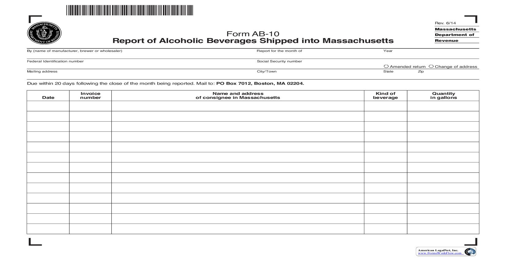 Report Of Alcoholic Beverages Shipped Into Massachusetts {AB-10} | Pdf Fpdf Doc Docx | Massachusetts