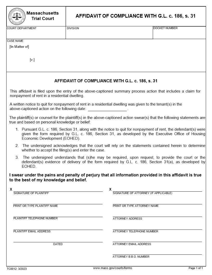 Affidavit Of Compliance With G.L.c 186 s.31 | Pdf Fpdf Docx | Massachusetts