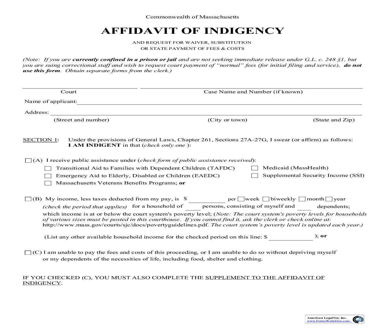 Affidavit Of Indigency | Pdf Fpdf Doc Docx | Massachusetts