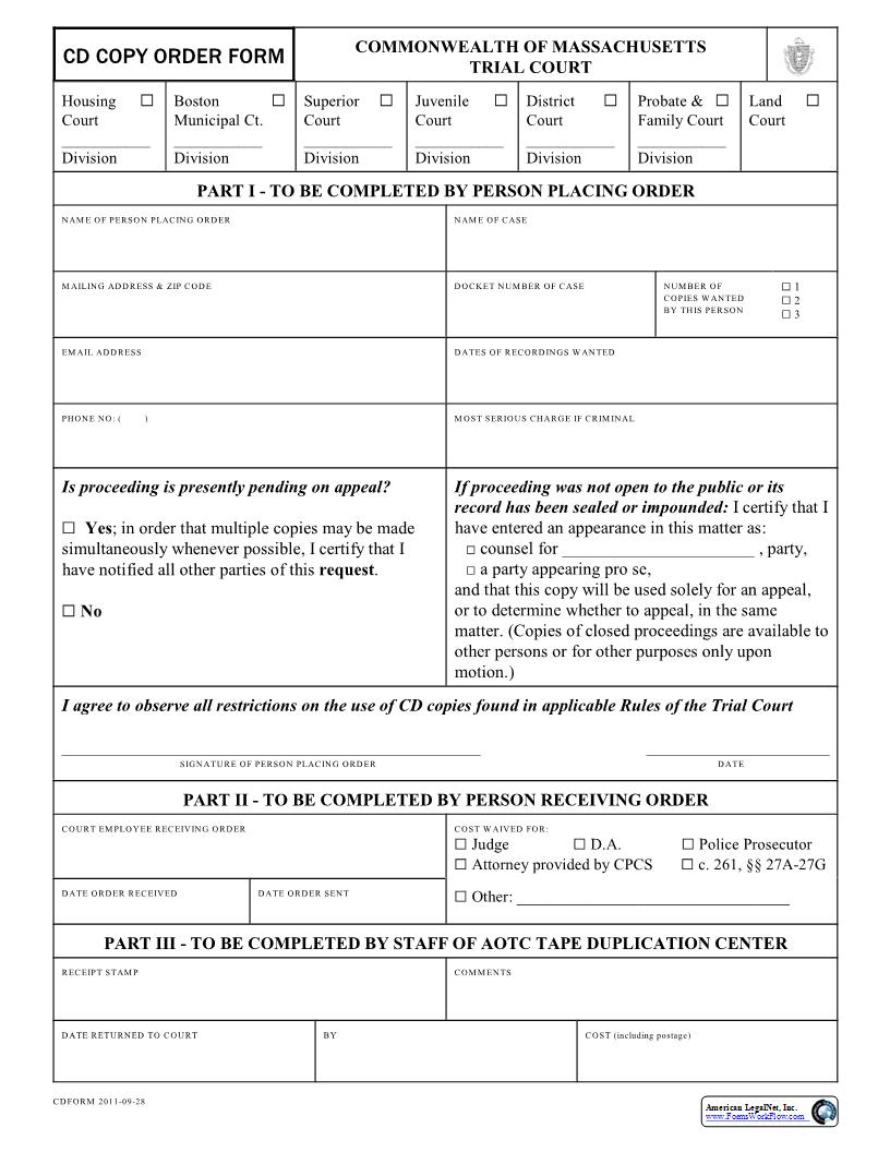 CD Copy Request Order Form | Pdf Fpdf Docx | Massachusetts