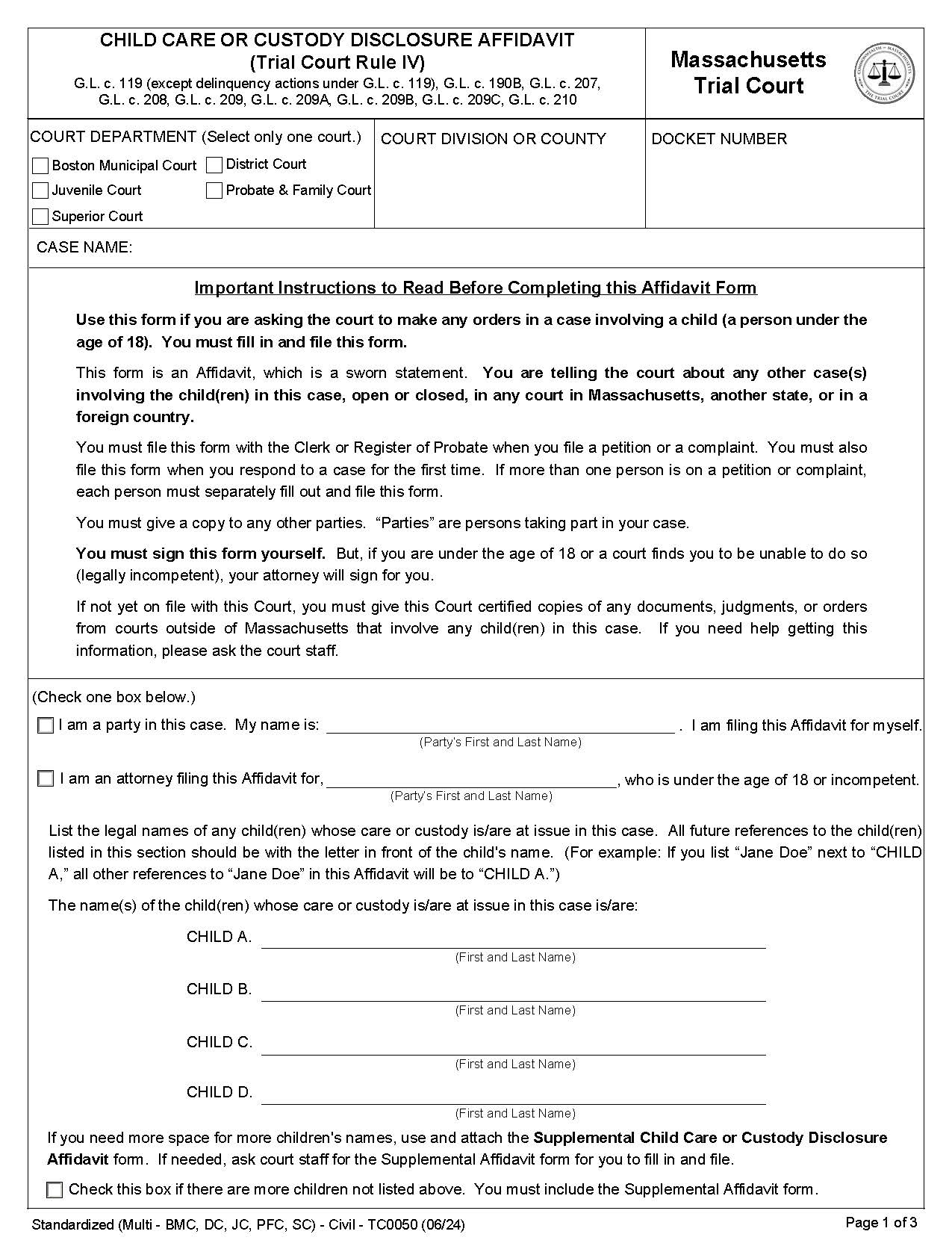 Child Care Or Custody Disclosure Affidavit {TC0050} | Pdf Fpdf Docx | Massachusetts