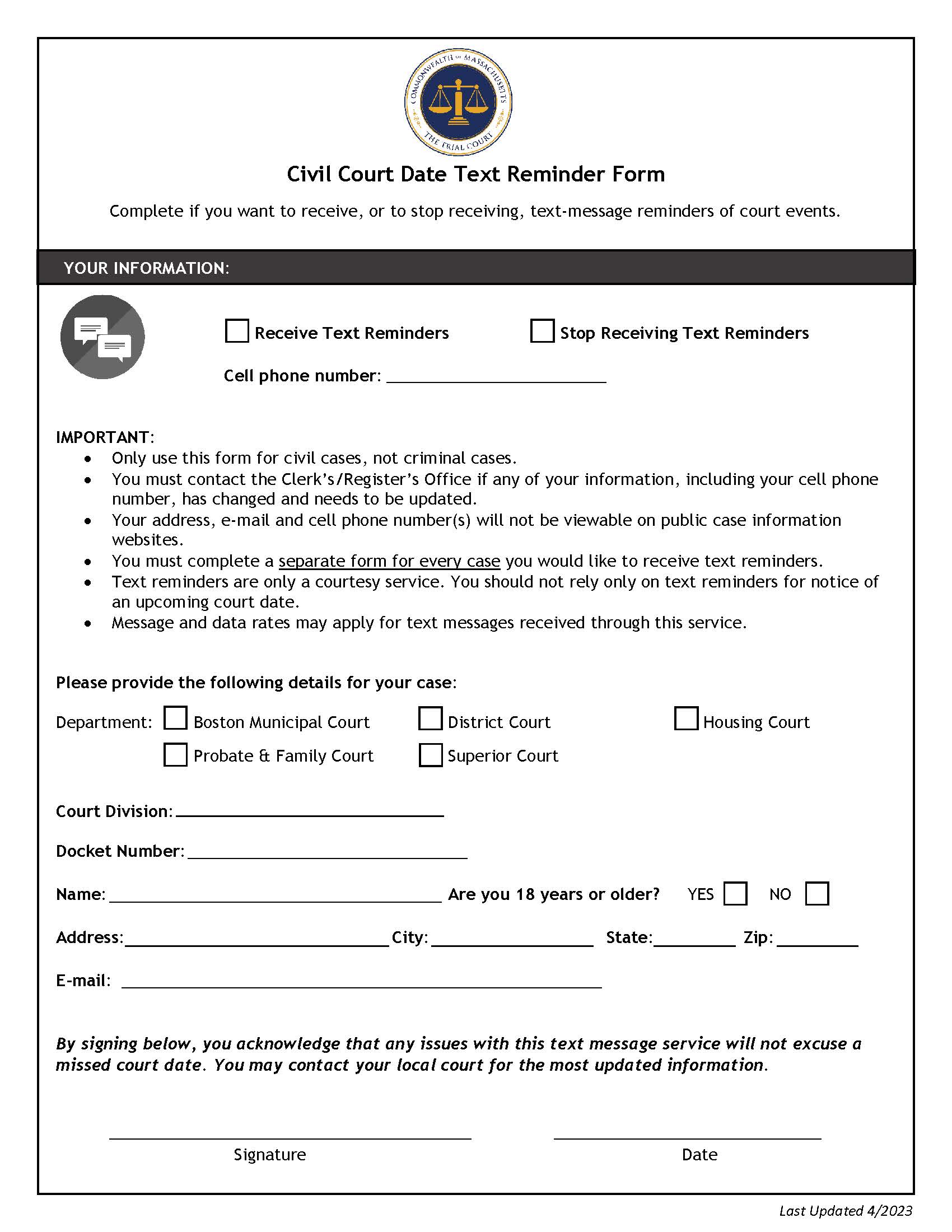 Civil Court Date Text Reminder Form | Pdf Fpdf Docx | Massachusetts