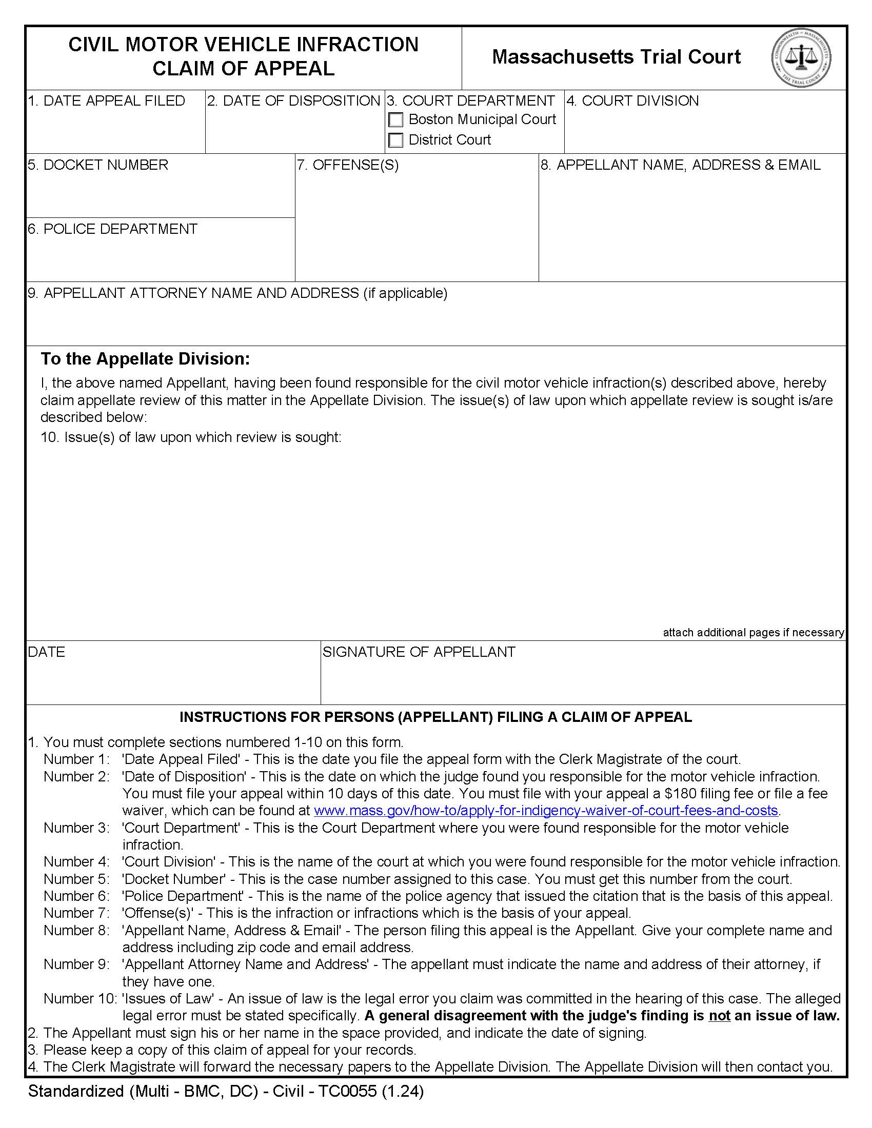 Civil Motor Vehicle Infraction (CMVI) Claim Of Appeal {TC0055} | Pdf Fpdf Docx | Massachusetts
