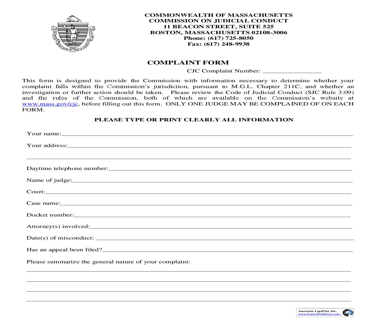 Complaint Form | Pdf Fpdf Doc Docx | Massachusetts