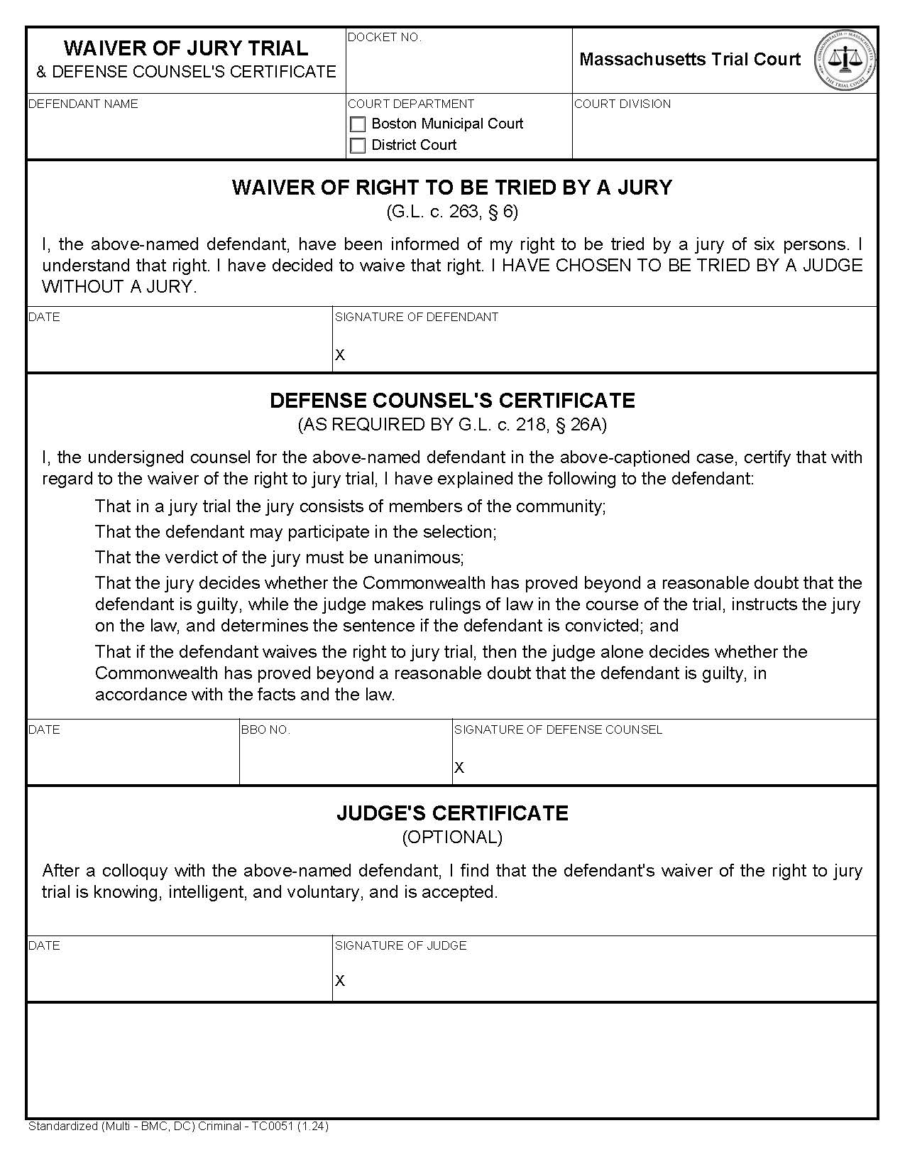 Criminal Waiver Of Jury Trial {TC0051} | Pdf Fpdf Docx | Massachusetts