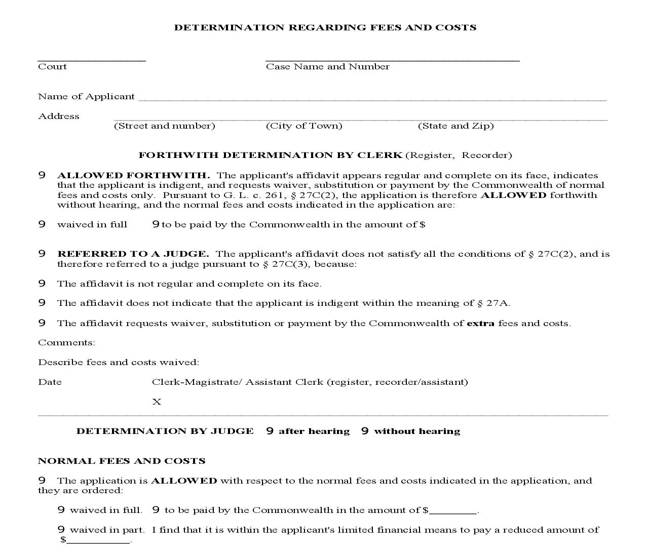 Determination Regarding Fees And Costs | Pdf Fpdf Doc Docx | Massachusetts