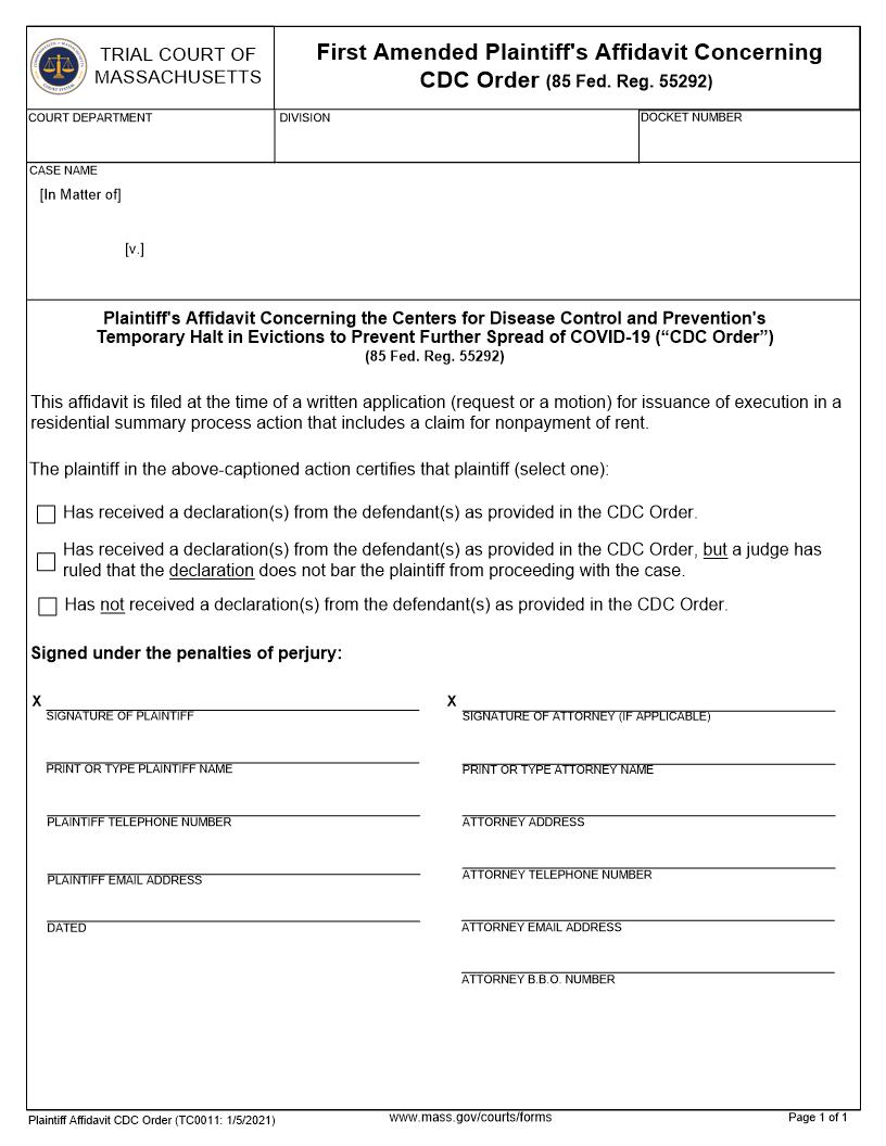 First Amended Plaintiff Affidavit Concerning The CDC Order {TC0011} | Pdf Fpdf Docx | Massachusetts