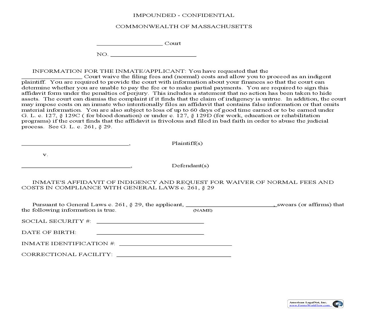 Inmates Affidavit Of Indigency | Pdf Fpdf Doc Docx | Massachusetts