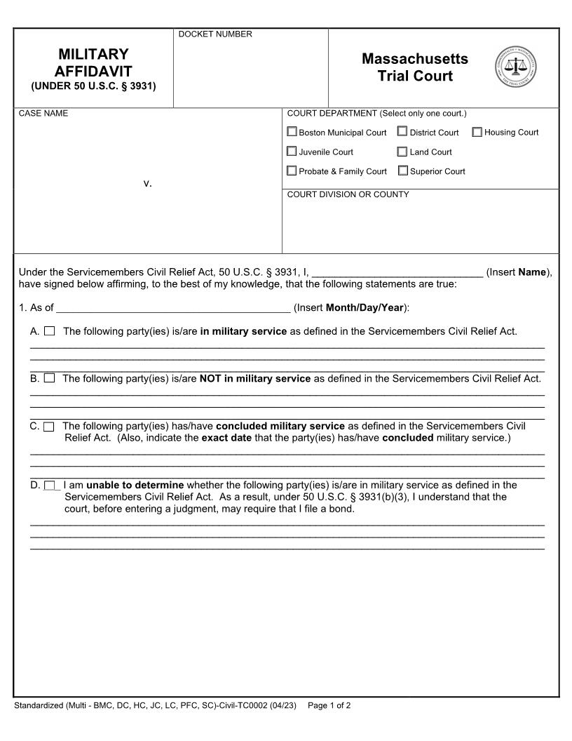 Military Affidavit {TC002} | Pdf Fpdf Docx | Massachusetts