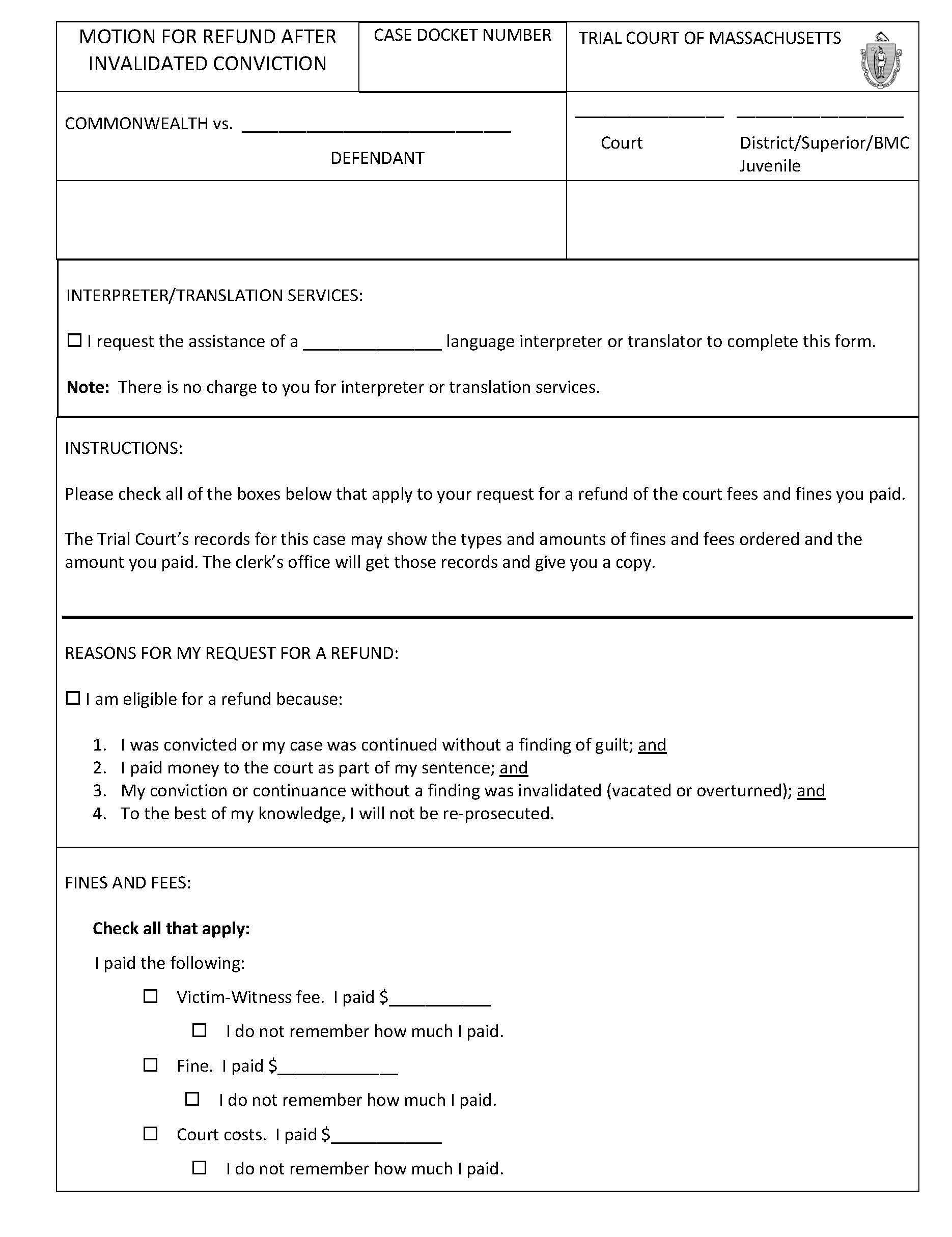 Motion For Refund After Invalidated Conviction | Pdf Fpdf Docx | Massachusetts
