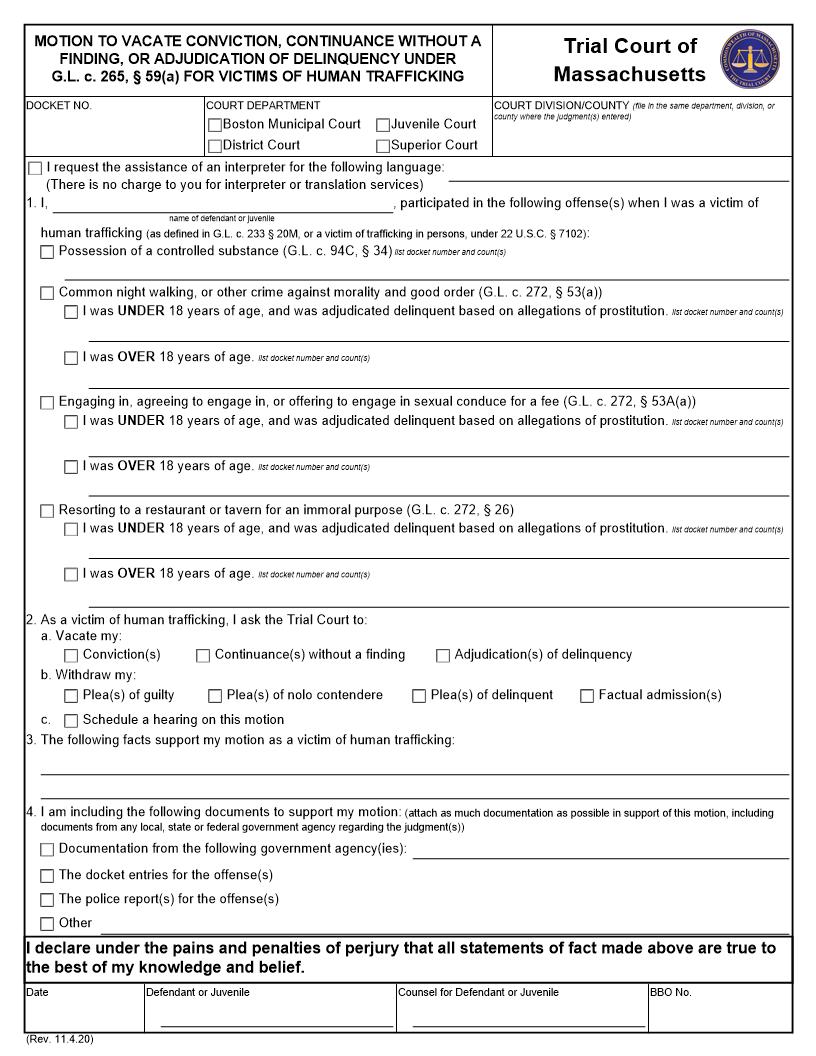 Motion To Vacate Conviction Continuance Without A Finding Or Adjudication Of Delinquence | Pdf Fpdf Docx | Massachusetts