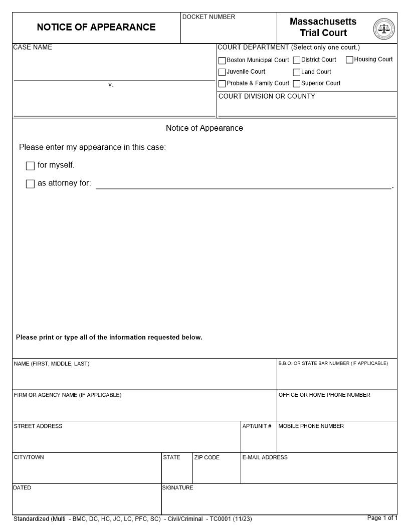 Notice Of Appearance {TC001} | Pdf Fpdf Docx | Massachusetts