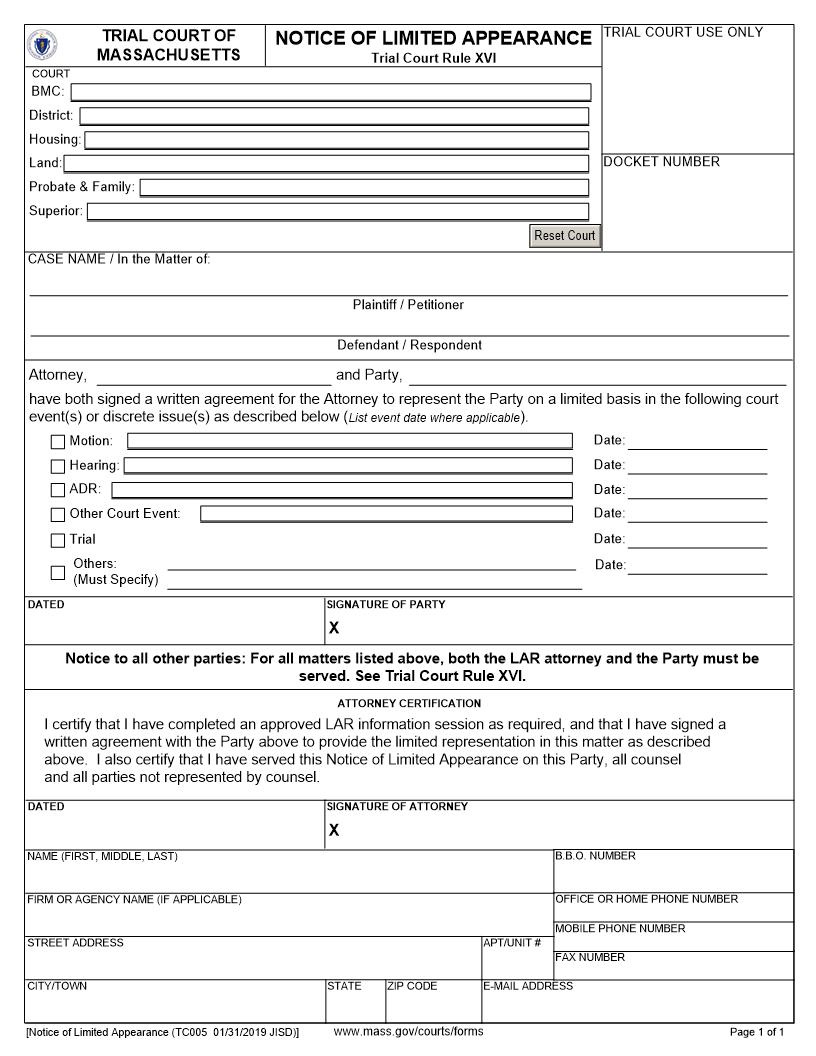 Notice Of Limited Appearance {TC005} | Pdf Fpdf Docx | Massachusetts