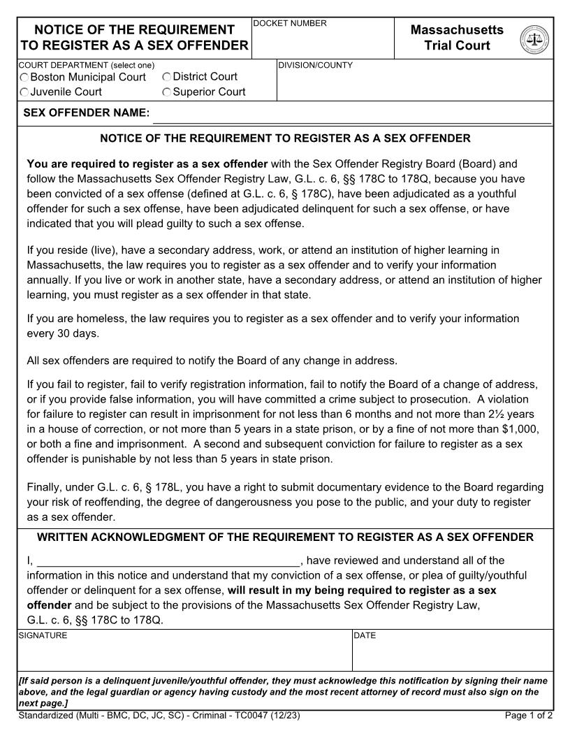 Notice Of Requirement To Register As A Sex Offender {TC0047} | Pdf Fpdf Docx | Massachusetts
