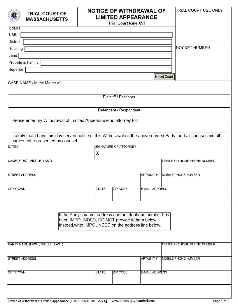 Notice Of Withdrawal Of Limited Appearance {TC006} | Pdf Fpdf Docx | Massachusetts
