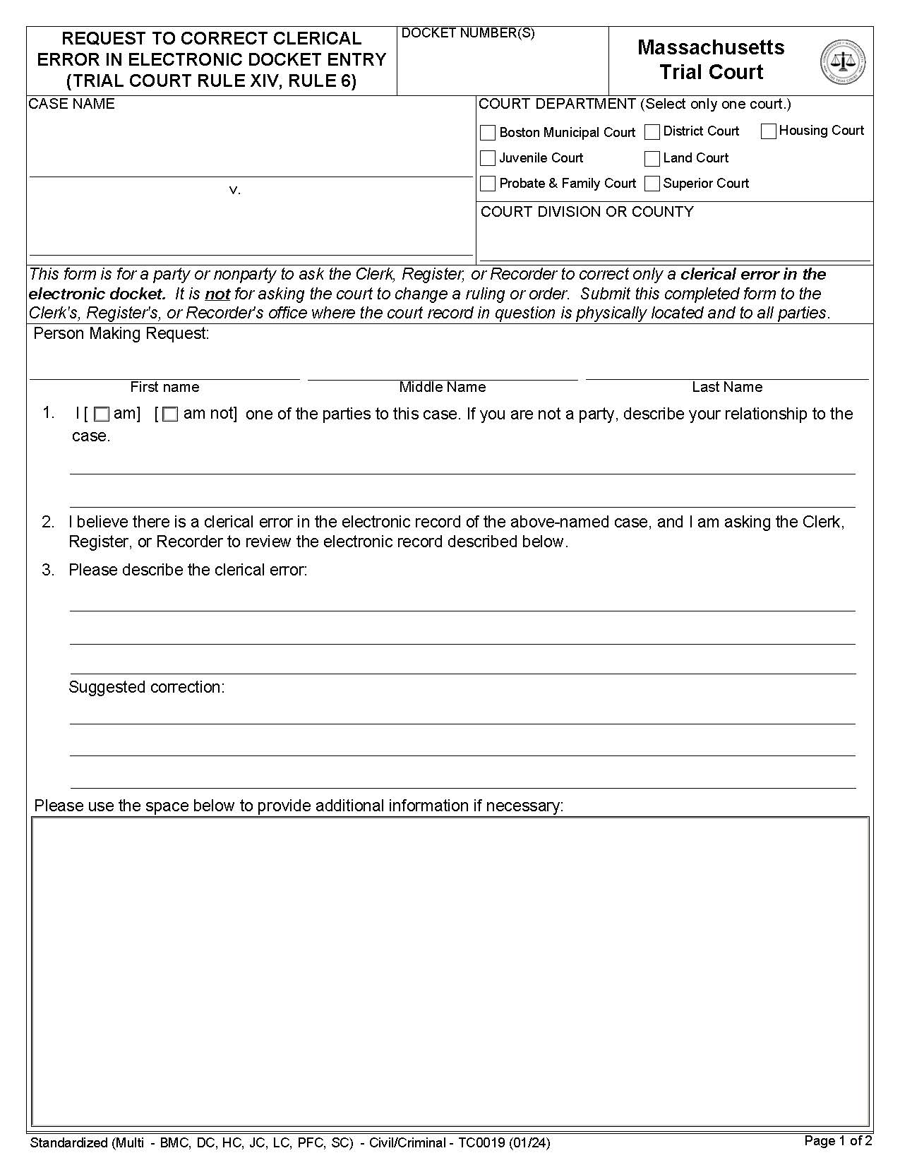 Request For Correction Of Clerical Error In Electronic Docket Entry | Pdf Fpdf Docx | Massachusetts