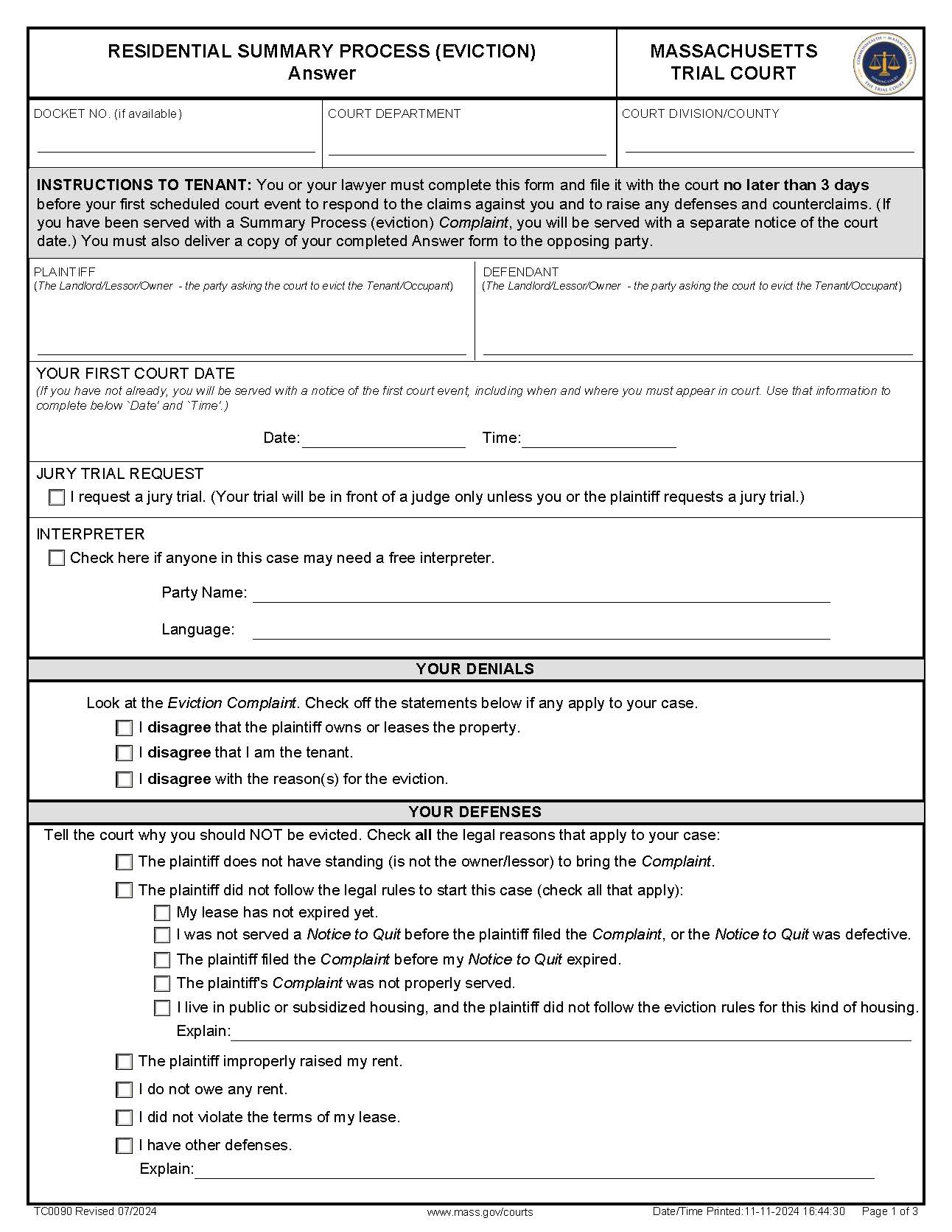 Residential Summary Process (Eviction) Answer {TC0090} | Pdf Fpdf Docx | Massachusetts
