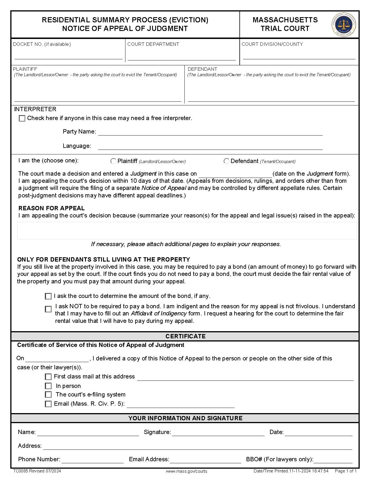 Residential Summary Process (Eviction) Notice Of Appeal Of Judgment {TC0085} | Pdf Fpdf Docx | Massachusetts