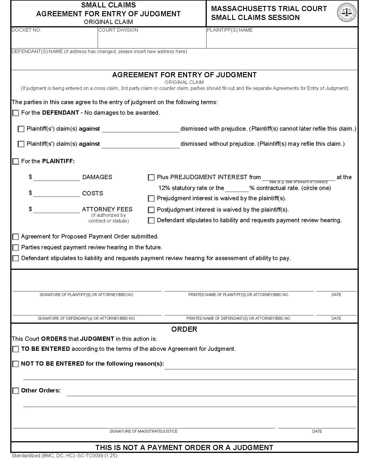 Small Claims Agreement For Entry Of Judgment {TC0099} | Pdf Fpdf Docx | Massachusetts