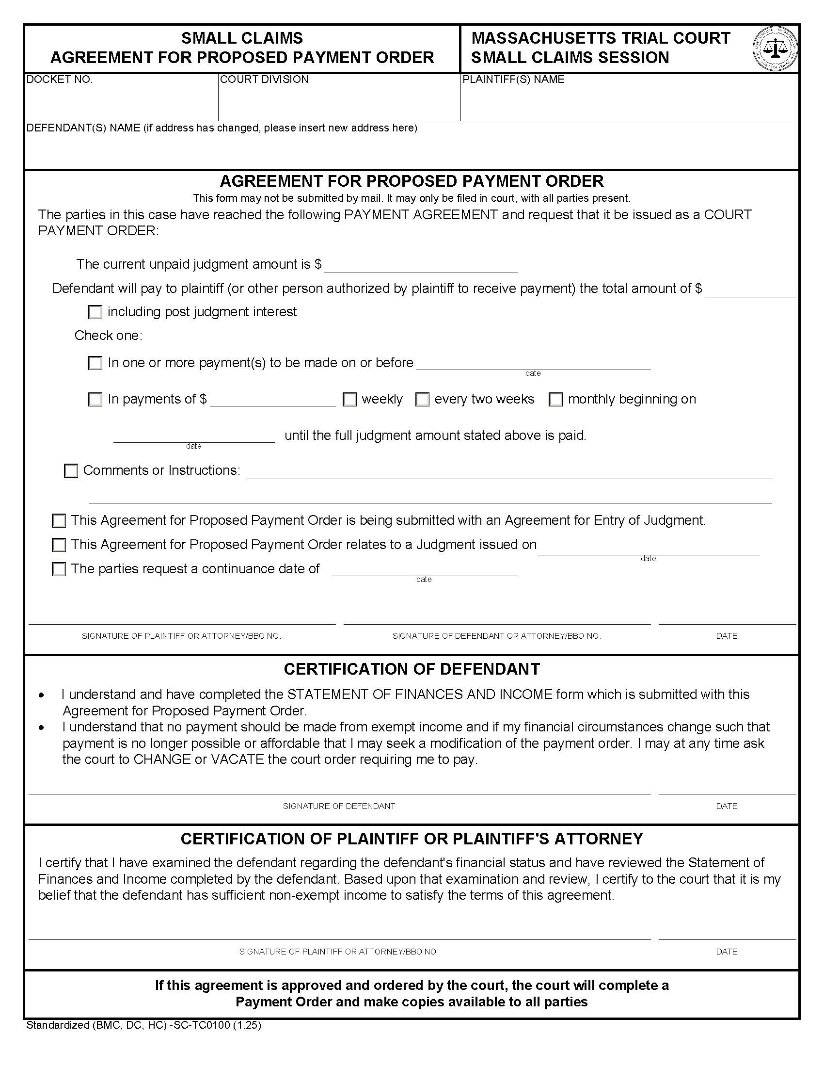 Small Claims Agreement For Proposed Payment Order {TC0100} | Pdf Fpdf Docx | Massachusetts
