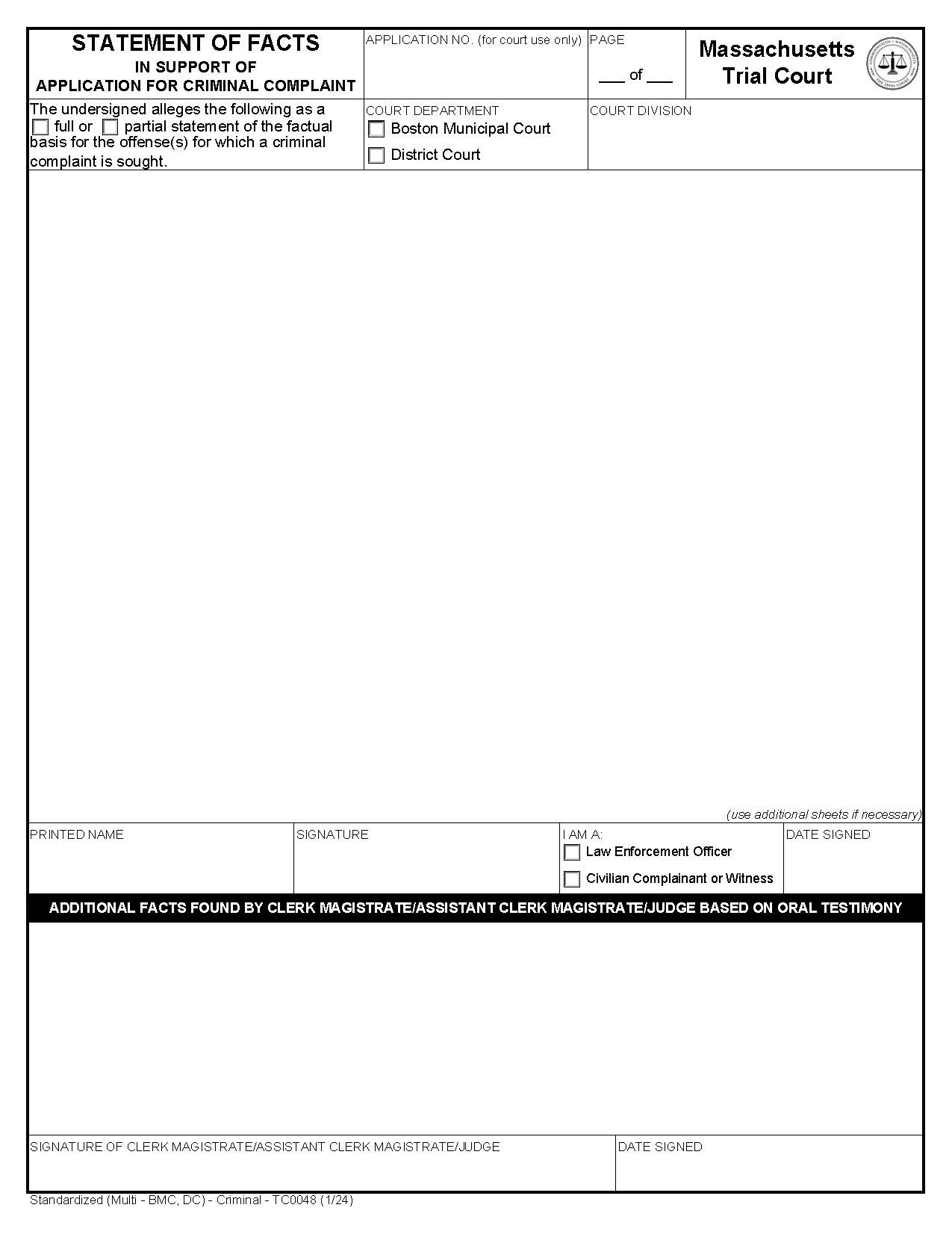 Statement Of Facts In Support Of An Application For Criminal Complaint {TC0048} | Pdf Fpdf Docx | Massachusetts