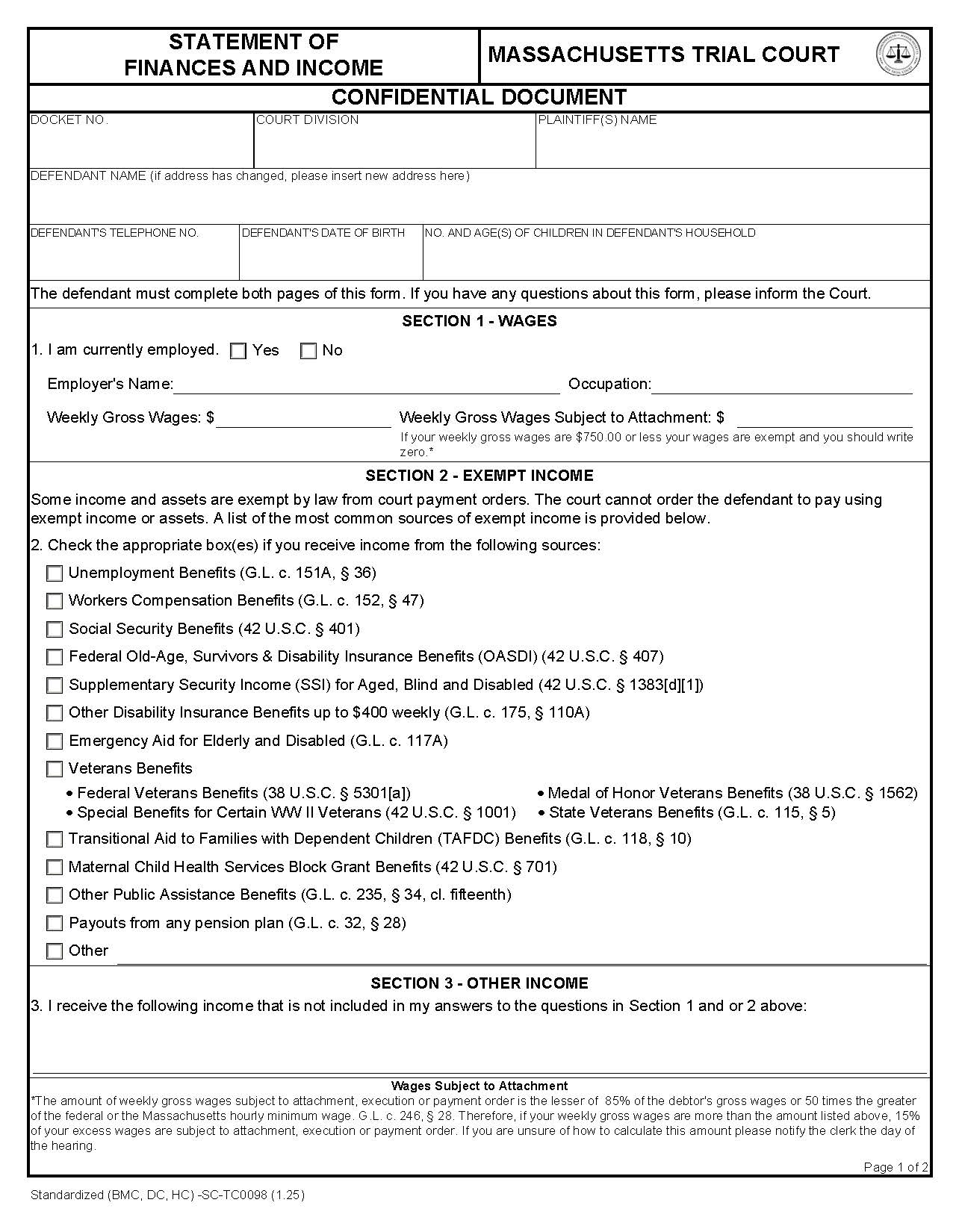 Statement Of Finances And Income {TC0098} | Pdf Fpdf Docx | Massachusetts
