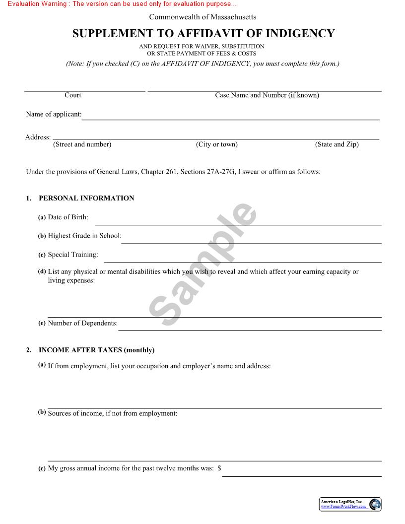 Supplement To Affidavit Of Indigency | Pdf Fpdf Doc Docx | Massachusetts