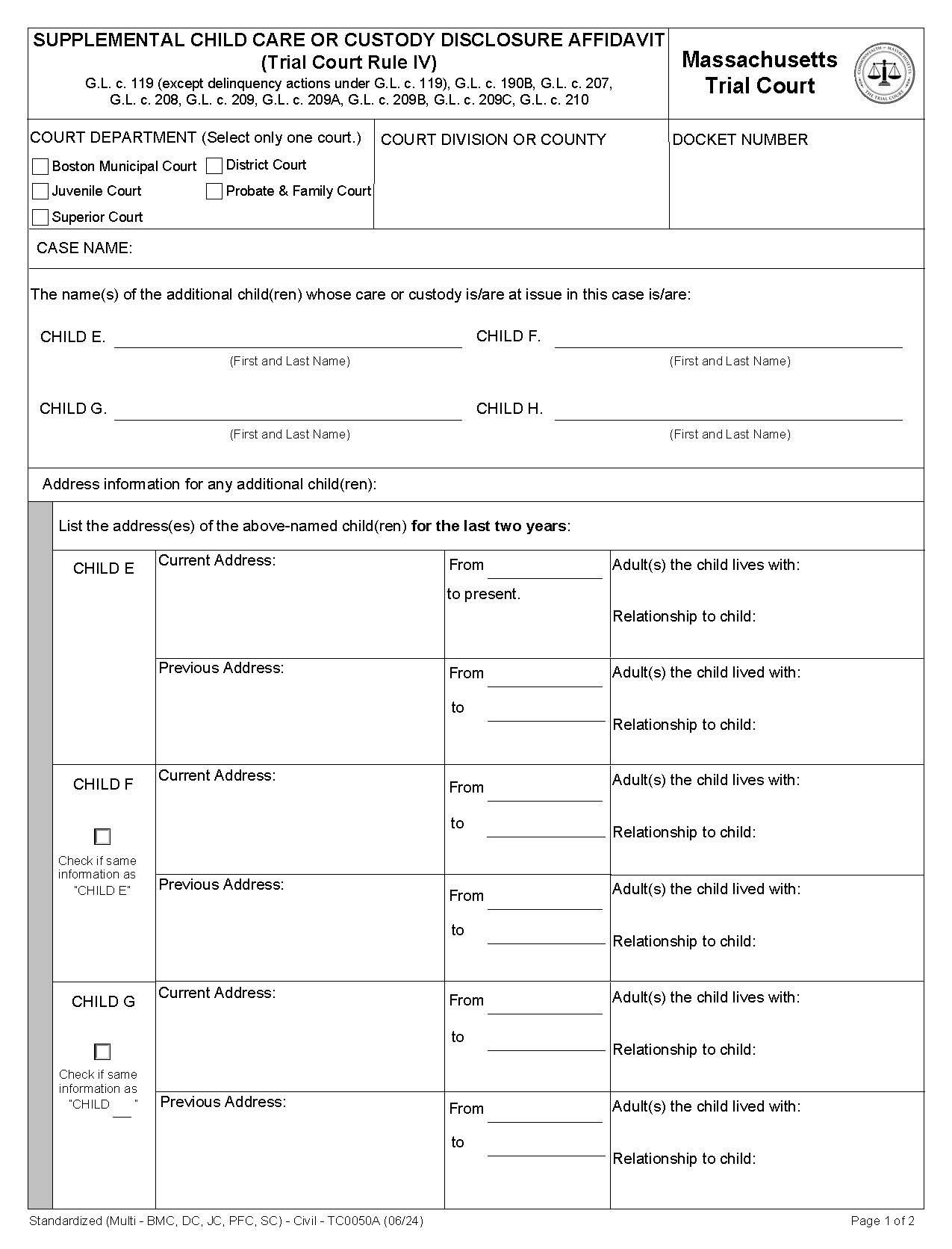 Supplemental Child Care Or Custody Disclsoure Affidavit {TC0050A} | Pdf Fpdf Docx | Massachusetts