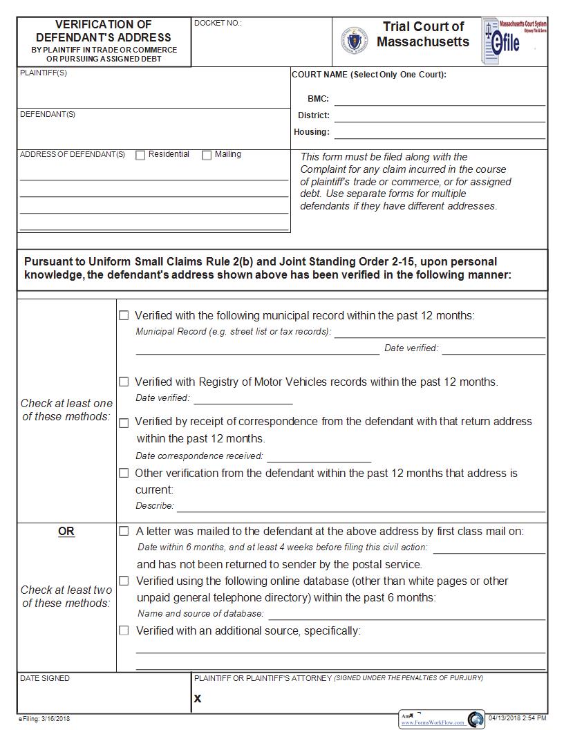 Verification Of Defendants Address For E-Filing | Pdf Fpdf Docx | Massachusetts