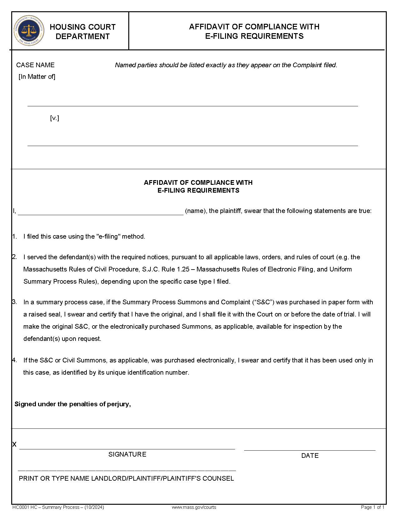 Affidavit Of Compliance With The eFiling Requirements In Summary Process (Eviction) Cases | Pdf Fpdf Docx | Massachusetts