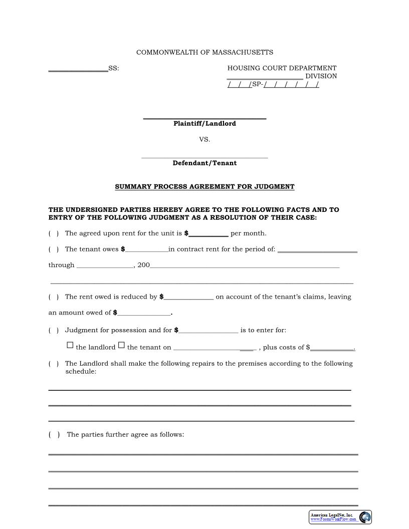 Agreement For Judgment-Housing Court | Pdf Fpdf Docx | Massachusetts