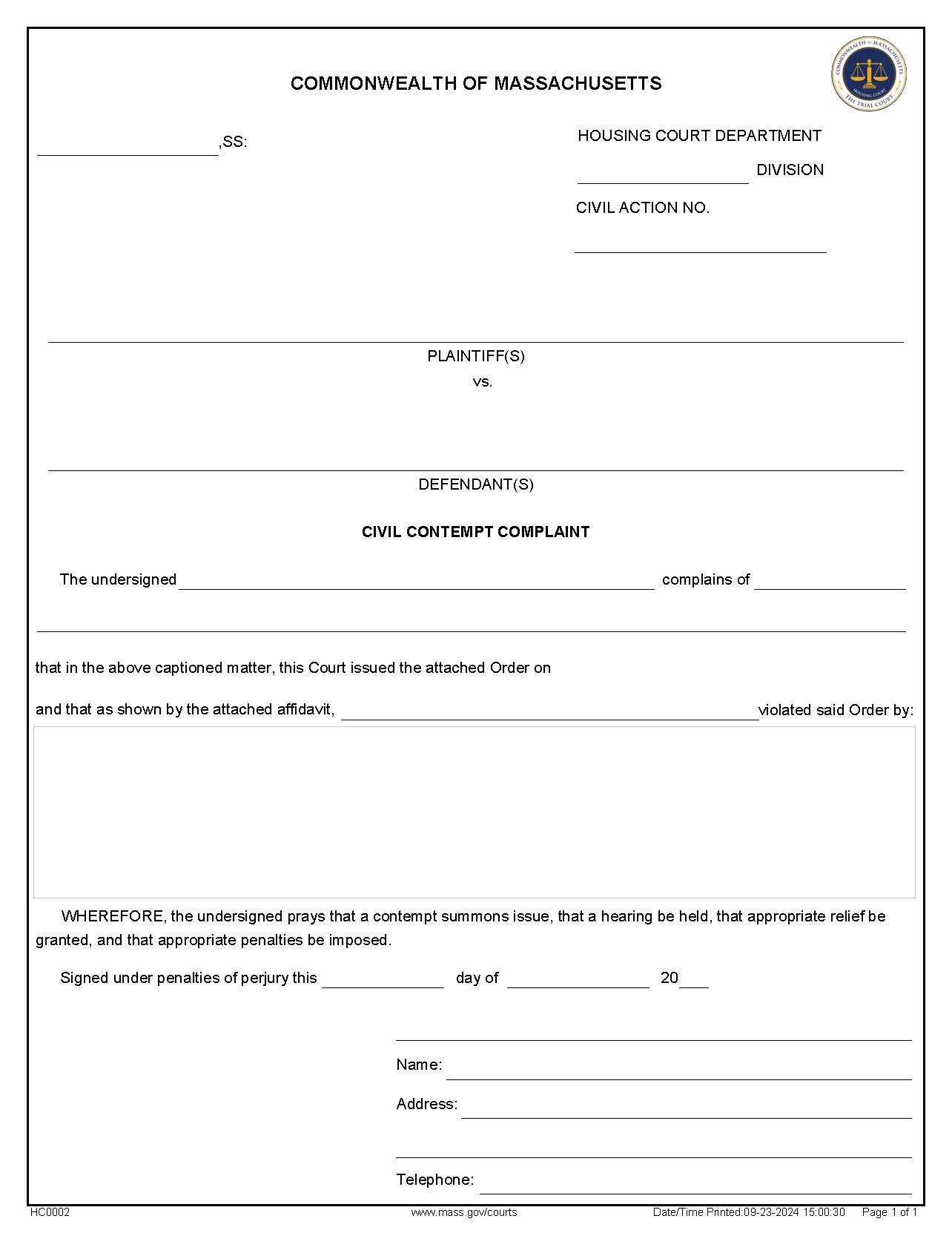 Civil Contempt Complaint | Pdf Fpdf Doc Docx | Massachusetts