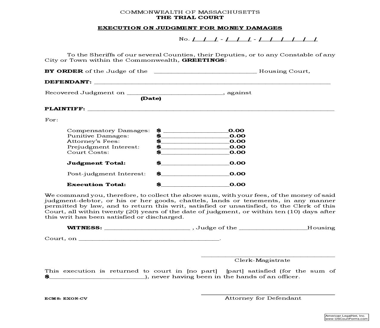 Execution On Judgment For Money Damages | Pdf Fpdf Doc Docx | Massachusetts
