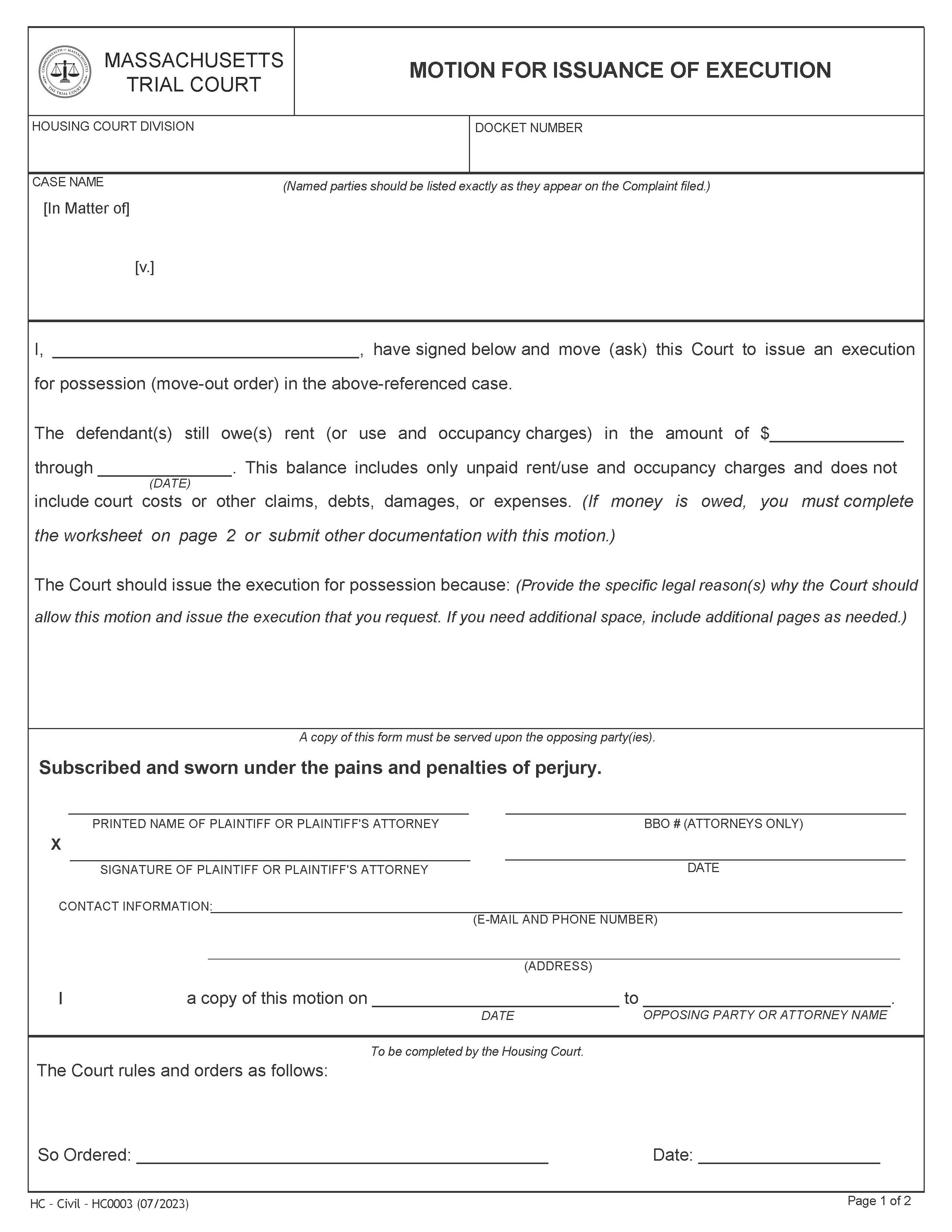 Motion For Issuance Of Execution | Pdf Fpdf Doc Docx | Massachusetts