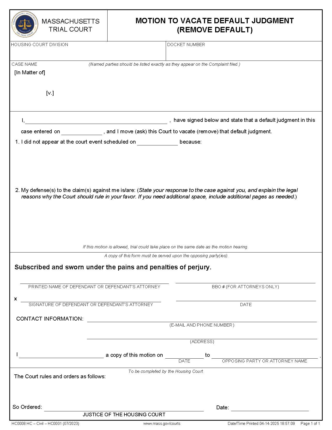 Motion To Vacate Default Judgment (Remove Default) | Pdf Fpdf Doc Docx | Massachusetts